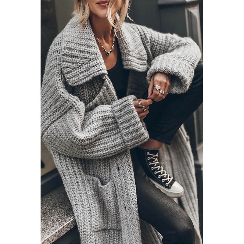 Women's Oversized Cardigan Chunky Cardigan Streetwear Daily Casual Solid Color Open Front Knitted Long Sleeve Long Tops Knit Work Black Gray Fall Winter4