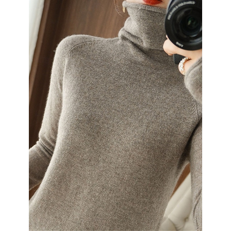 Women's Sweater Pullover Sweater Jumper Casual Soft Pure Color Ribbed Turtleneck Knitted Long Sleeve Regular Tops Knit Outdoor Daily Weekend Pink Camel Fall Winter4