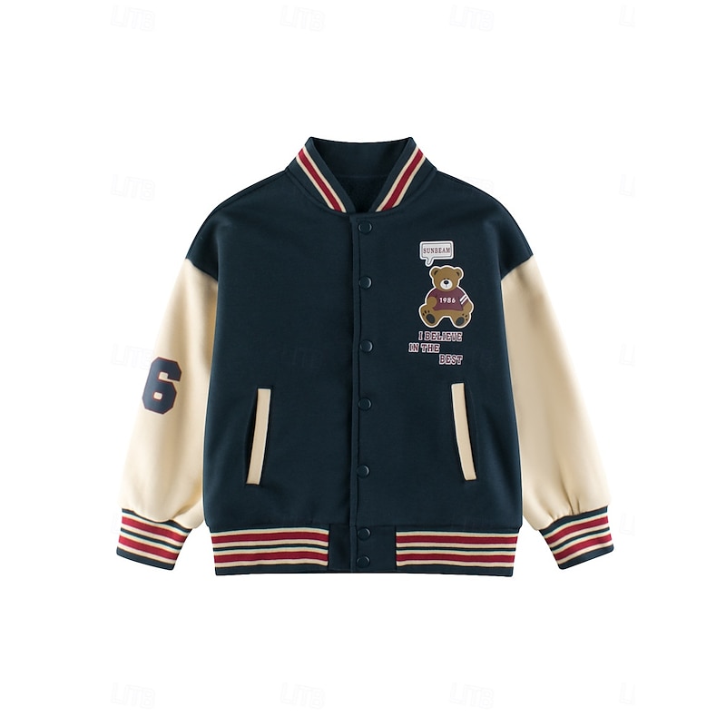 Kids Girls' Baseball Jacket Bear Sports Pocket School Cotton Coat Outerwear 4 years+ Fall Dusty Blue