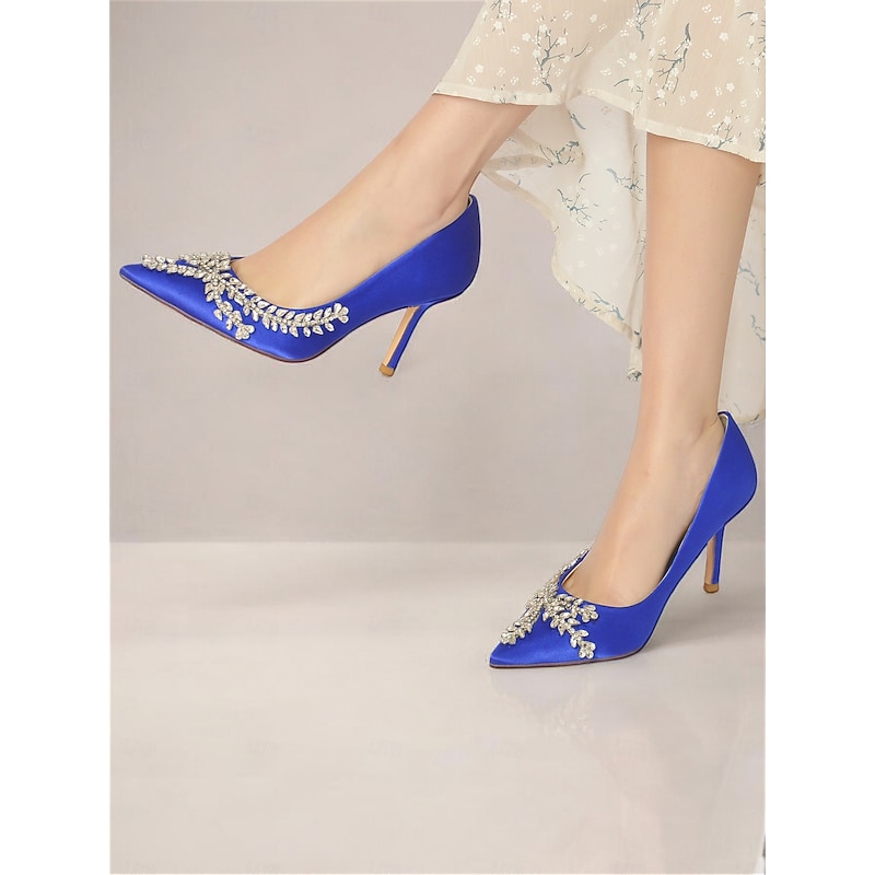 Women's Rhinestone-Embellished Satin Stiletto Heels – Elegant Pointed Toe Pumps for Evening Parties and Formal Events