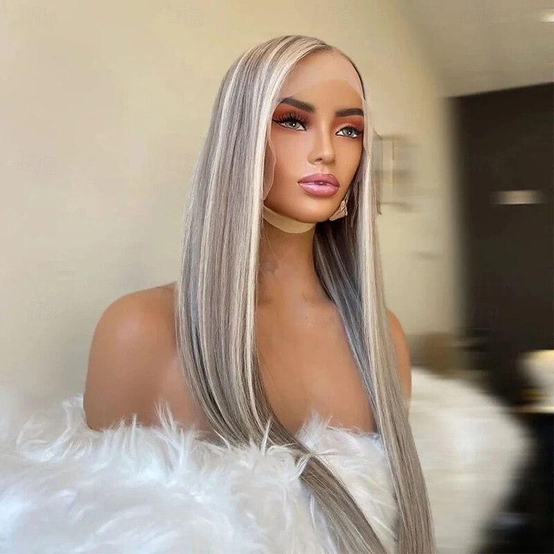 Brazilian Hair Remy Virgin Hair 13x4 Lace Front Wig Human hair Straight Ash Blonde Highlighted Colored Glueless Human Hair Wigs Pre-Plucked For Women3