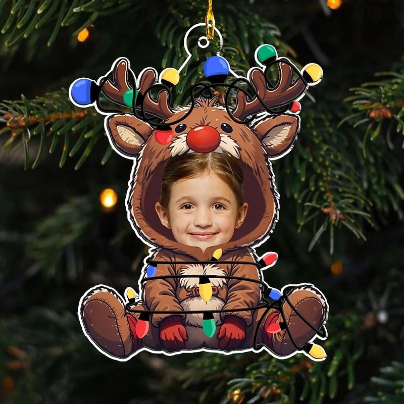 Personalized Photo Christmas Ornaments Acrylic 2D Custom Reindeer Baby Face Christmas Tree Ornaments Xmas Decoration Hanging Pendant Gifts3