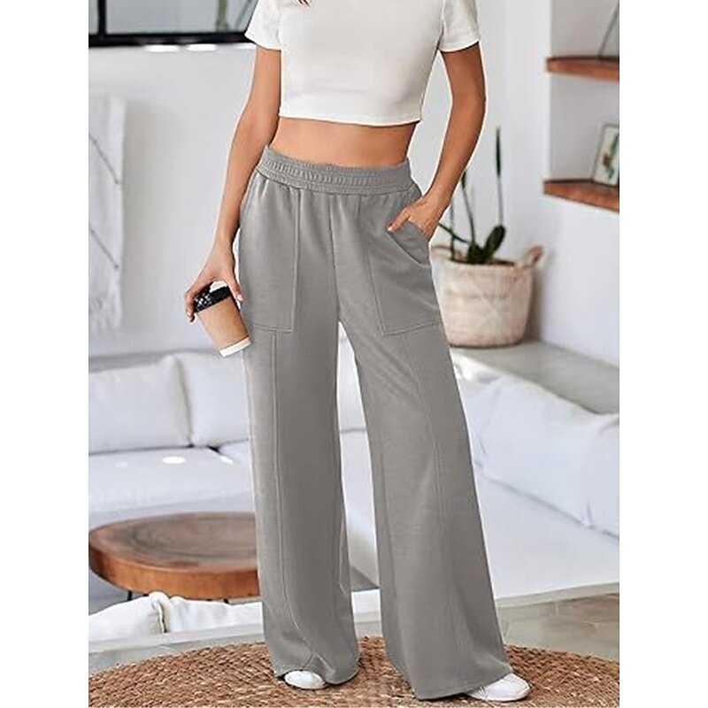 Women's Sweatpants Wide Leg Chinos Fashion Streetwear Full Length High Waist Plain Pocket Elastic Waistband Comfy Soft Comfortable Micro-elastic Outdoor Street Black White Gray Spring & Fall Regular 5
