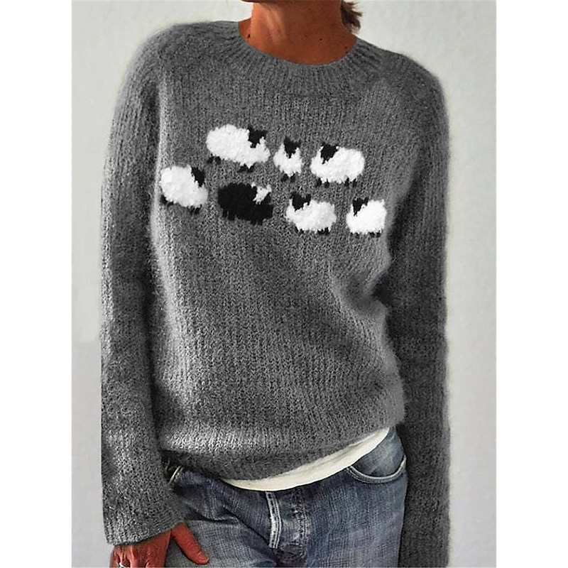 Women's Sweater Pullover Sweater Jumper Casual Soft Animal Ribbed Crew Neck Knitted Long Sleeve Regular Tops Knit Outdoor Daily Weekend Green Dark Gray Fall Winter3