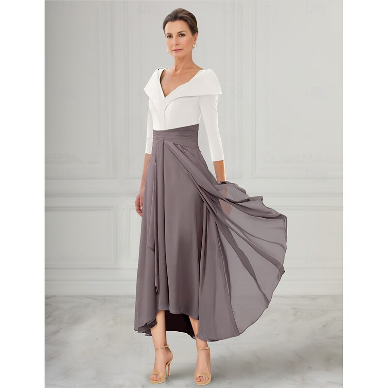 A-Line Mother of the Bride Dress Tuxedo Dress Elegant V Neck Asymmetrical Ankle Length Chiffon 3/4 Length Sleeve with Pleats
