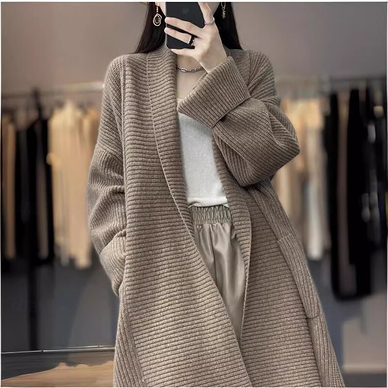 Women's Cardigan Daily Solid Color Open Front Knitted Long Sleeve Long Tops Knit Work Camel Dark Gray Fall Winter
