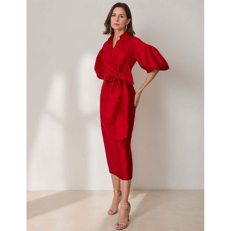 Sheath Cocktail Dresses Beach Wedding Elegant Dress Formal Tea Length Half Sleeve Shirt Collar Pocket Taffeta with Bow(s) Dresses