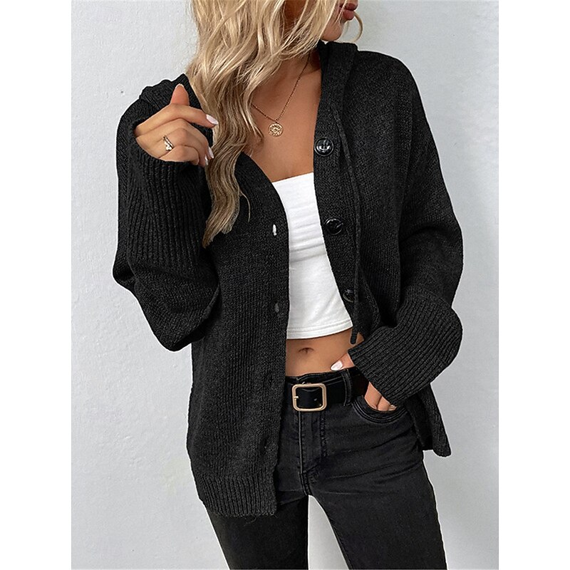 Women's Sweater Cardigan Casual Soft Pure Color Ribbed Hooded Buttons Knitted Long Sleeve Regular Tops Knit Outdoor Daily Weekend Black White Fall Winter4