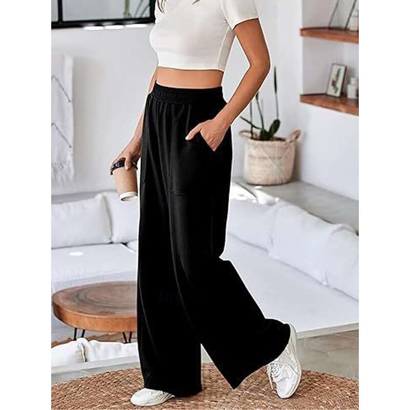 Women's Sweatpants Wide Leg Chinos Fashion Streetwear Full Length High Waist Plain Pocket Elastic Waistband Comfy Soft Comfortable Micro-elastic Outdoor Street Black White Gray Spring & Fall Regular2