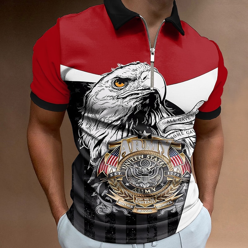 Men's American Flag Veterans Zip Polo Shirts Golf Shirt Short Sleeve Polo Shirts Collared Shirts Casual Streetwear Vacation Wear Party Outfits 3D Print Quarter Zip Polo Summer Spring Red