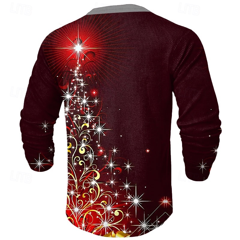 Christmas Men's Christmas Tree Shine Waffle Shirt Henley Shirt Long Sleeve Shirt Long Sleeve T shirt Print Henley Collar Zip Quarter Zip Shirt Fashion Daily Funny Christmas Red Winter Spring &  Fall2