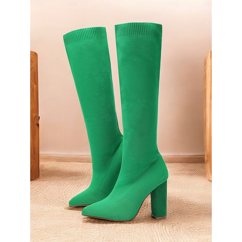 Women's Stretchy Knit Knee-High Boots with Chunky Heels – Elegant Green Fashion Boots for Fall/Winter3