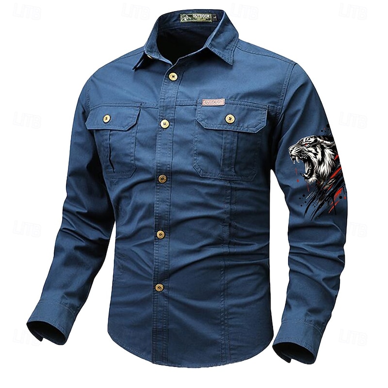 Men's Tiger Work Shirt Western Shirt Cargo Shirt Long Sleeve Vintage Casual Western Style Sports & Outdoor Going out Winter Spring &  Fall Turndown Print Black White Army Green Red Blue2