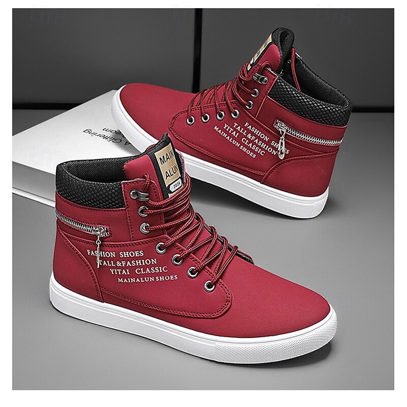 Men's Red High-Top Sneakers – Lace-Up Casual Ankle Boots with Zipper Detail and Stylish Print4