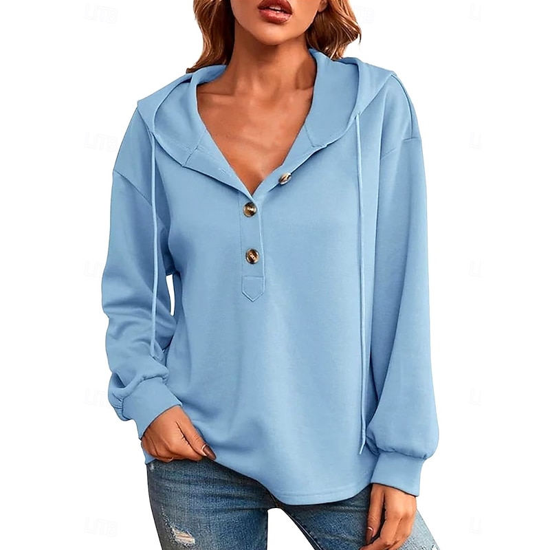 Women's Hoodie Sweatshirt Casual Graphic Plain Street Dailywear Hooded Buttons Print Long Sleeve Navy Blue Blue Light Blue Fall Winter