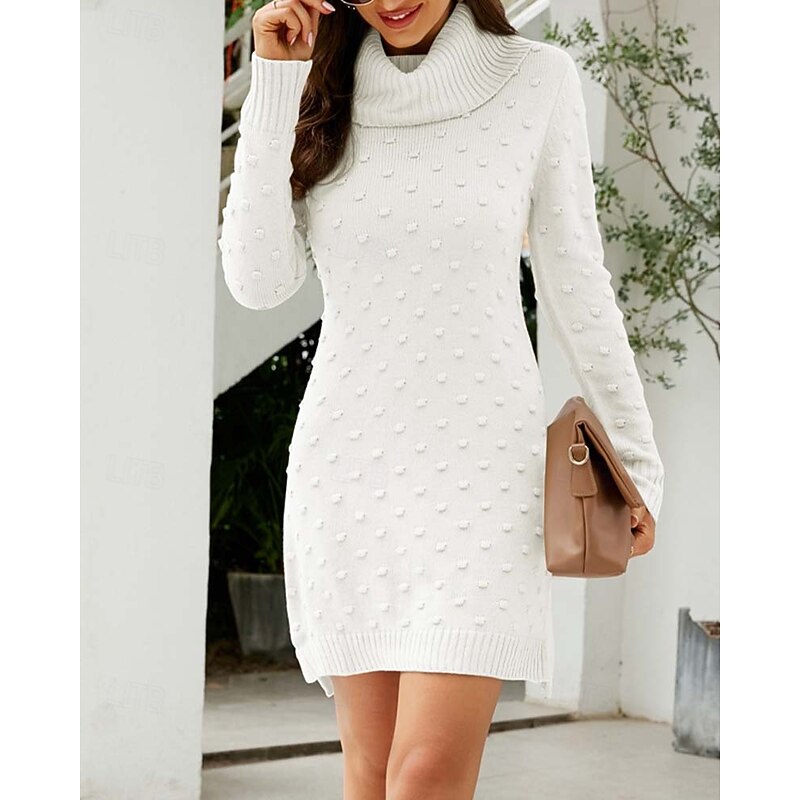 Ugly Sweater Dress Cowl Neck Knitted Textured Fall Winter Work Elegant Fashion Daily Long Sleeve Solid Color White Green