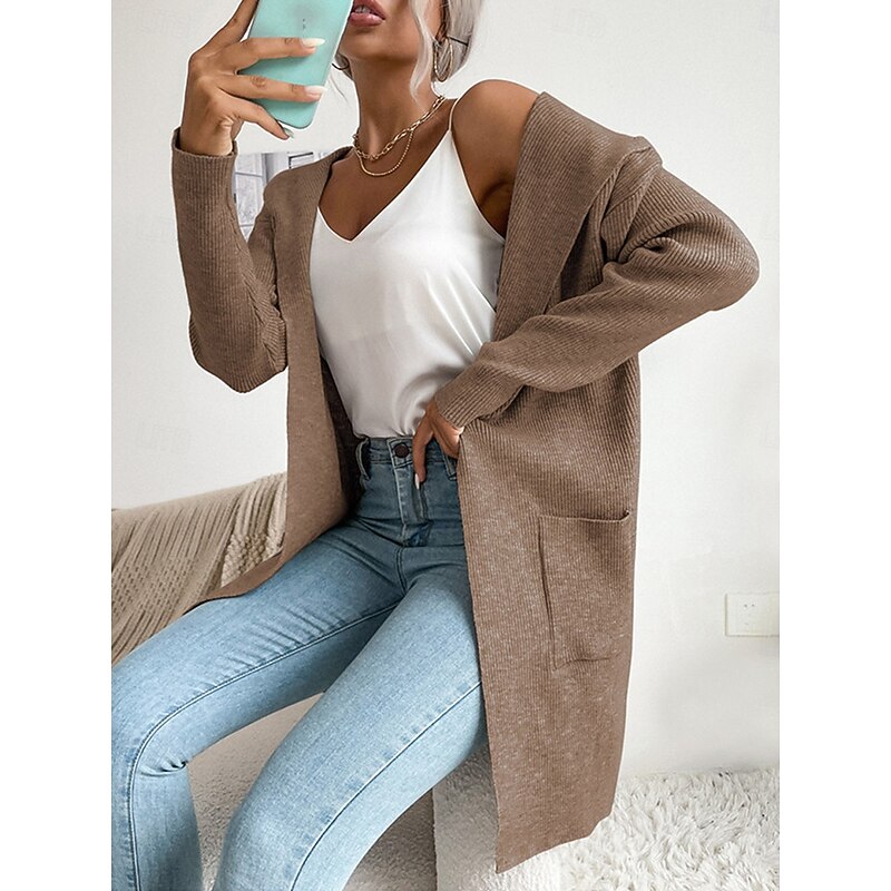 Women's Sweater Cardigan Casual Soft Pure Color Ribbed Hooded Pocket Knitted Long Sleeve Regular Tops Knit Outdoor Daily Weekend Green Khaki Fall Winter4
