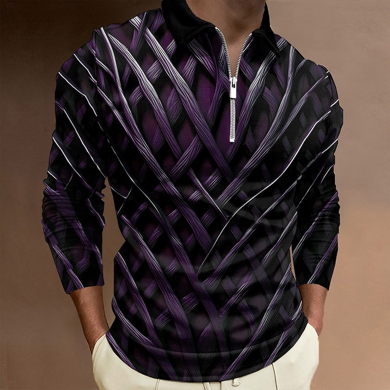 Men's 3D Print Polo Shirts Golf Polos Shirts Long Sleeve Polo Shirts Collar Business Casual Vacation Dailywear Zipper 3D Print Spring Fall & Winter Black Ink Blue Dark Purple3