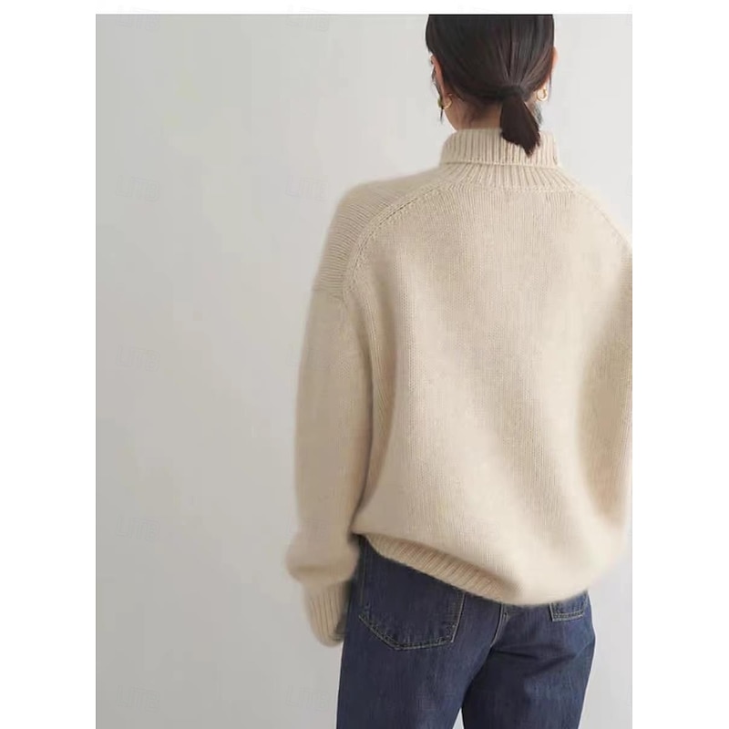 Women's Fuzzy Knit Oversized Sweater Turtleneck Sweater Oversized Work Daily Stylish Long Sleeve Solid Color White Khaki3