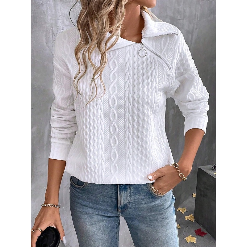 Women's Shirt Blouse Solid Color Basic Casual Long Sleeve Shirt Collar Regular Tops Daily Zipper White Fall Winter