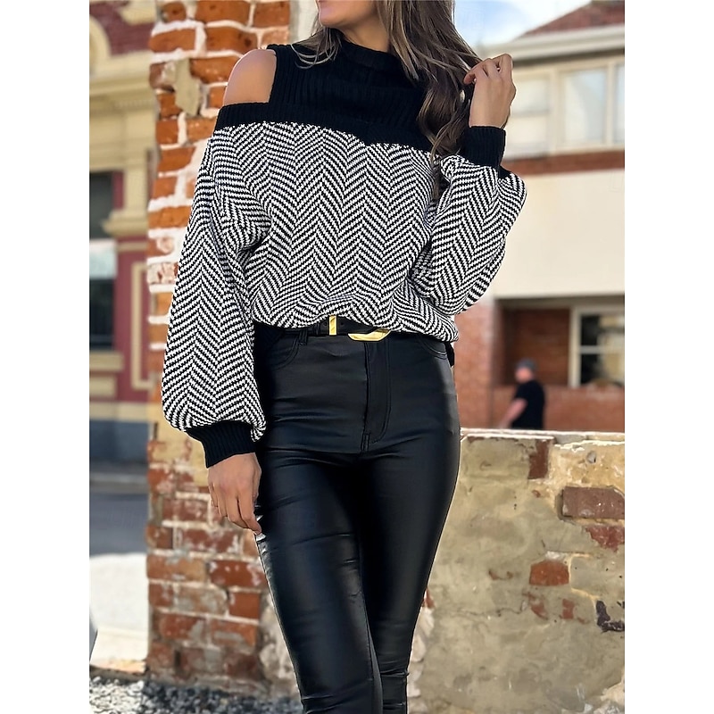 Women's Sweater Pullover Sweater Jumper Casual Soft Geometric Ribbed Turtleneck Knitted Cold Shoulder Long Sleeve Regular Tops Knit Outdoor Daily Weekend Black Fall Winter3