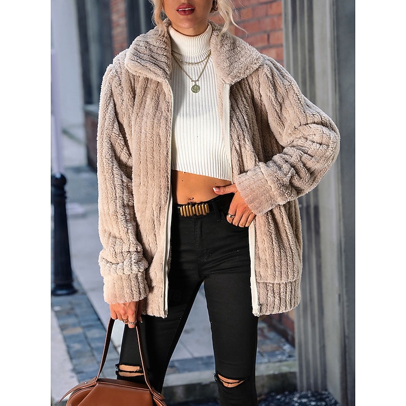 Women's Fleece Jacket Teddy Coat Warm Breathable Zipper Pocket Fleece Lined Casual Plain Vacation Street Daily Wear Going out Zipper Regular Turndown Regular Fit Long Sleeve Outerwear Coffee Fall4
