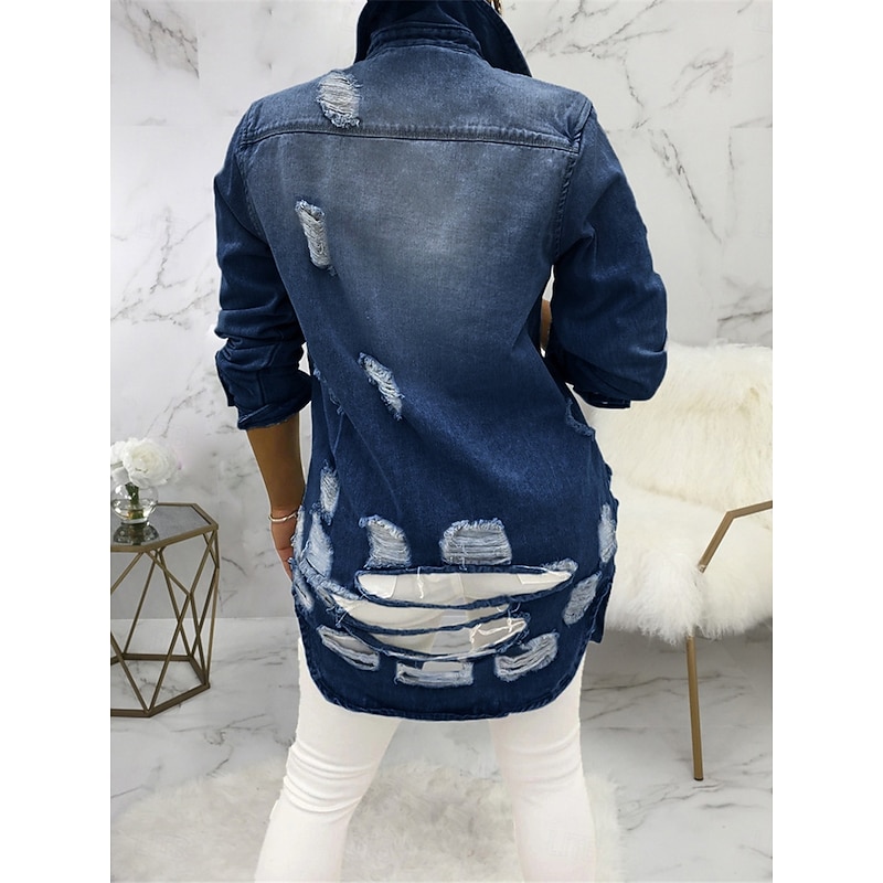 Women's Denim Jacket Outdoor Street Daily Wear Fall Winter Regular Coat Regular Fit Thermal Warm Breathable Stylish Casual Jacket Long Sleeve Solid Color with Pockets Light Blue Black Navy Blue2