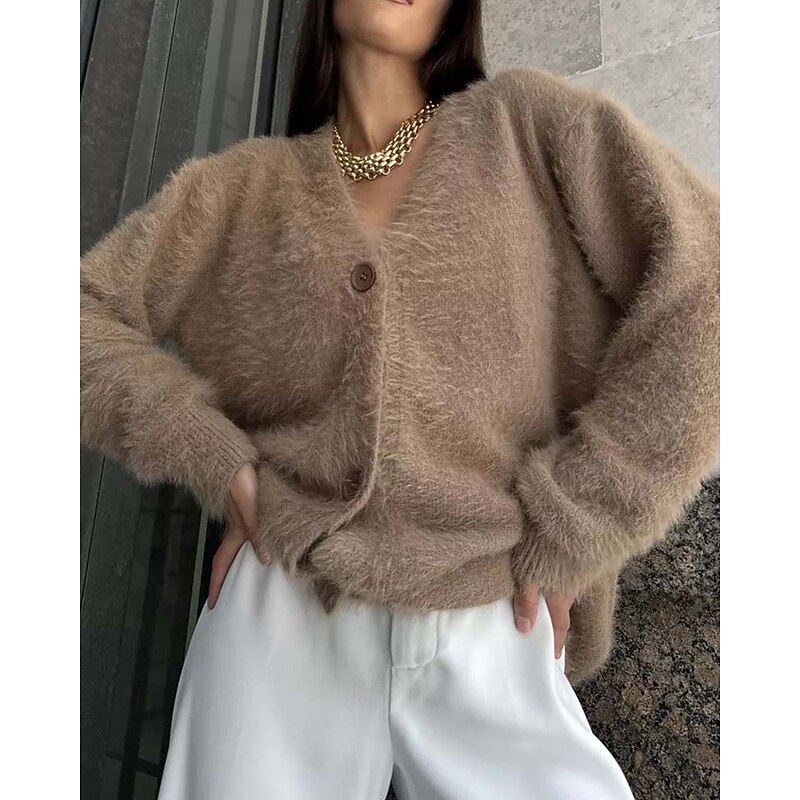 Women's   Knit Fuzzy Oversized Cardigan V Neck Cardigan Fall Winter Work Elegant Streetwear Daily Long Sleeve Solid Color Brown Light Grey4