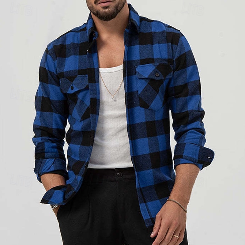 Men's Shirt Flannel Shirt Overshirt Plaid Outdoor Street Yellow Blue Long Sleeve Winter Spring &  Fall Clothing Apparel2
