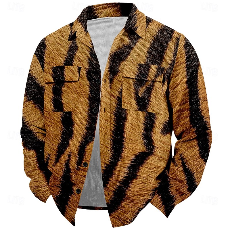 Men's Tiger Skin Corduroy Shirt Shirt Jacket Overshirt Long Sleeve Vintage Tribal Outdoor Dailywear Fall & Winter Turndown Collared Shirts Buttons 3D Print 2 Pockets 1pc Brown