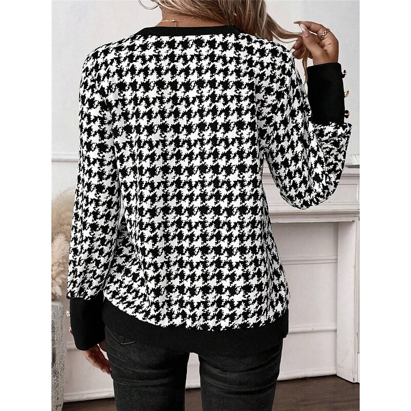 Women's T Shirt Plaid Fashion Modern Casual Long Sleeve V Neck Regular Tops Daily Weekend Black Fall Winter2