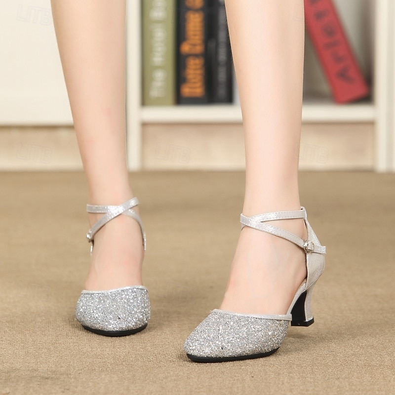 Women's Silver Glitter Dance Shoes – Low Heel Ballroom & Latin Performance Shoes with Cross-Strap for Salsa, Tango & Party Events