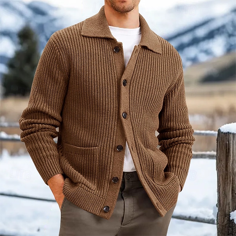 Men's Cardigan Sweater Knit Sweater Ribbed Knit Regular Button Up Side Pockets Solid Color Collar Fashion Classic Daily Wear Date Clothing Apparel Spring Fall & Winter Black Brown S M L