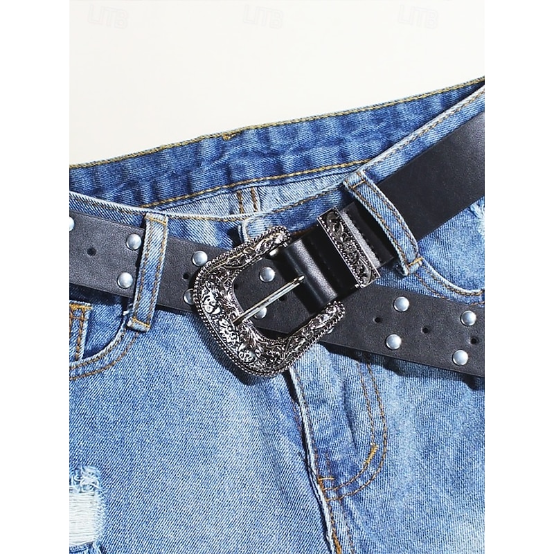 Women's Western Style Belt with Embossed Buckle and Studded Detailing, Faux Leather Adjustable Waist Belt for Casual and Vintage Outfits3