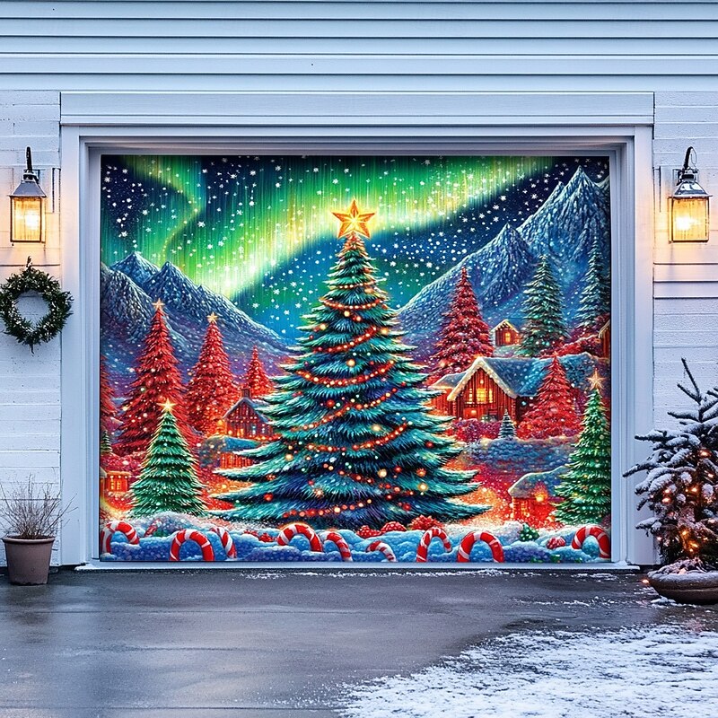Christmas Door Decorations Outdoor Garage Door Cover Xmas Tree Banner Farmhouse Large Christmas Backdrop for Holiday Outdoor Garage Door Home Wall Decorations 14