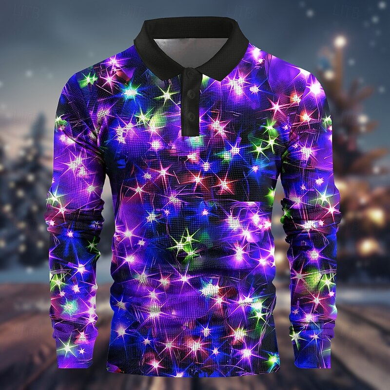 Christmas Men's Christmas Light 3D Polo Dazzle color Funny Waffle Long Sleeve Party Evening New Years Eve Shirts Spring Fall Winter Button 3D Print Collar Yellow Red Purple Micro-elastic Polyester3