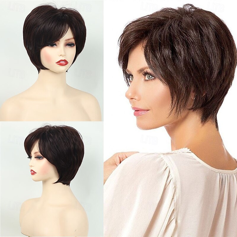 Short Brown Wigs for Women Pixie Cut Blonde Wigs with Bangs Straight Layered Short Hair Wigs Natural Looking Synthetic Light Blond Wigs3