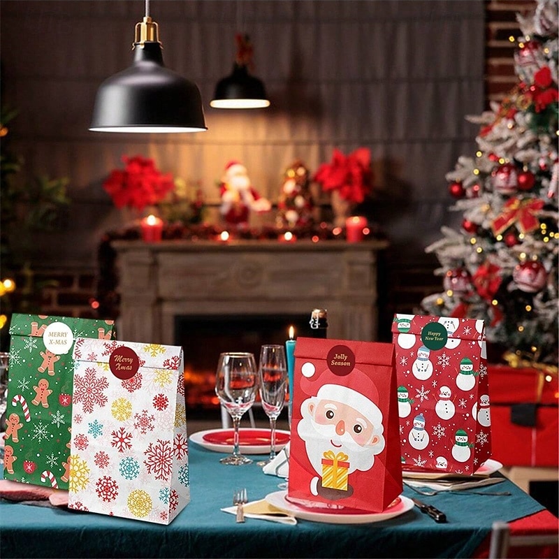 Christmas Gift Bags with Snowman, Santa, and Snowflake Designs – Candy and Treat Bags with Stickers & Clips, Advent Paper Gift Bags for Holiday Wrapping4