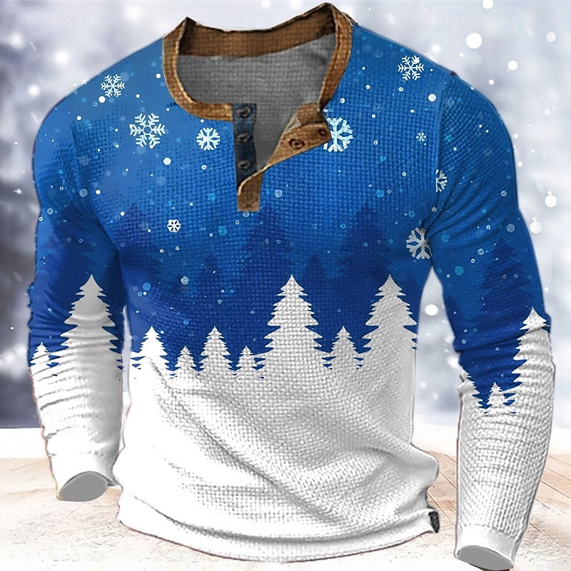 Christmas Men's Christmas Scene Henley T Shirt Graphic Tree Snowflake Fashion Designer Casual 3D Print Henley Waffle Sports Outdoor Holiday Festival Blue Red & White Purple Long Sleeve Henley Shirt3