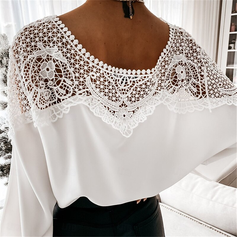 Women's Shirt Blouse Solid Color Basic Casual Long Sleeve Batwing Sleeve Crew Neck Regular Tops Daily Lace Patchwork Black White Fall Winter2