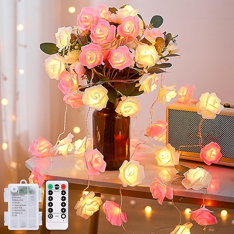 3m 20LED Pink White Flower Lights with Remote Flower String Lights Battery Operated 8 Modes Rose Lights for Valentine's Day Wedding Party Room Decor Bedroom Decor Fireplace Decorations