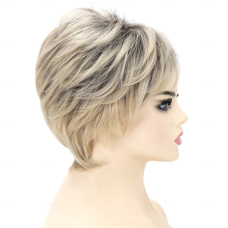 Short Blonde Wigs for Women Pixie Cut Blonde Wigs with Bangs Straight Layered Short Hair Wigs Natural Looking Synthetic Light Blond Wigs2