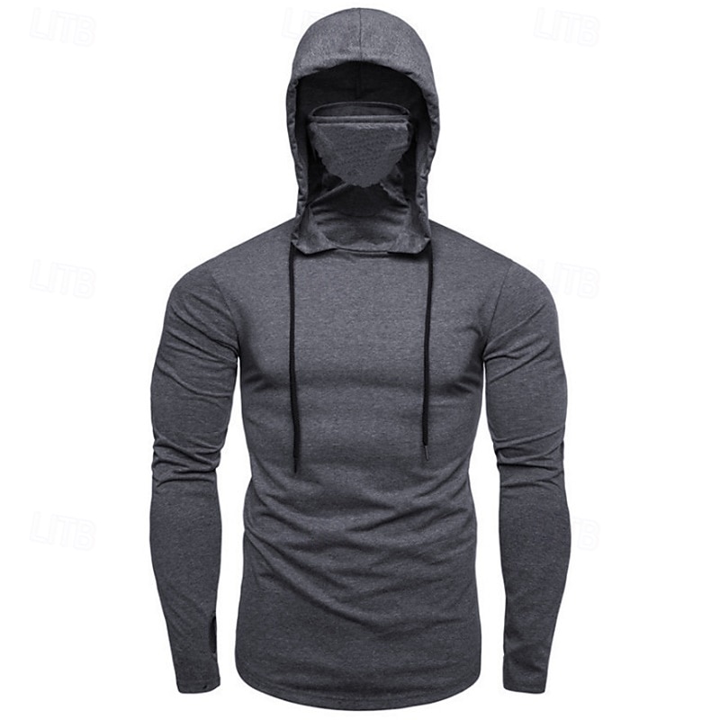Men's Hoodie with Mask Fitness Hoodie Workout Hoodie Long Sleeve Hoodie Casual Athleisure Fall Solid Colored Thermal Warm Windproof Breathable Gym Workout Walking Jogging Sportswear Activewear Black2