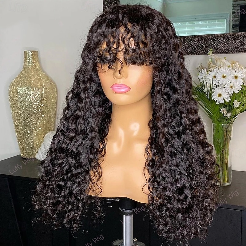 Remy Human Hair Wig Medium Length Loose Wave With Bangs Natural Color Natural Black Machine Made Vietnamese Hair Women's Black 10 inch 12 inch 14 inch Valentine's Day Daily Wear Birthday3