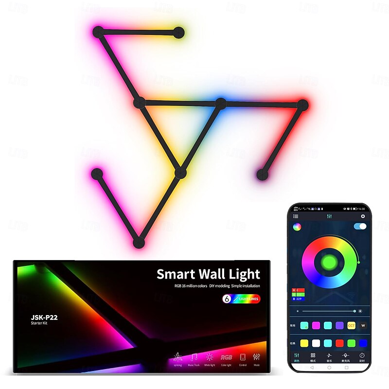 RGB LED Smart Light Gaming Light Lines Bluetooth APP Music Sync Home Wall Creative Decor Light Bars with 24 Key RF Remote control 16M Colors & 40 Sence Modes LED Wall Lights