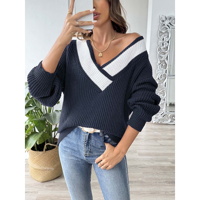 Women's Sweater Pullover Sweater Jumper Casual Soft Pure Color Ribbed V Neck Knitted Long Sleeve Regular Tops Knit Outdoor Daily Weekend Black Navy Blue Fall Winter - Main Image