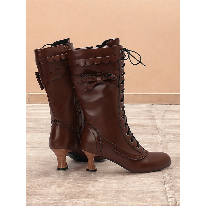 Women's Brown Vintage Lace-Up Knee-High Boots with Bow Detail – Retro Heeled Faux Leather Victorian Boots for Cosplay & Everyday Wear3