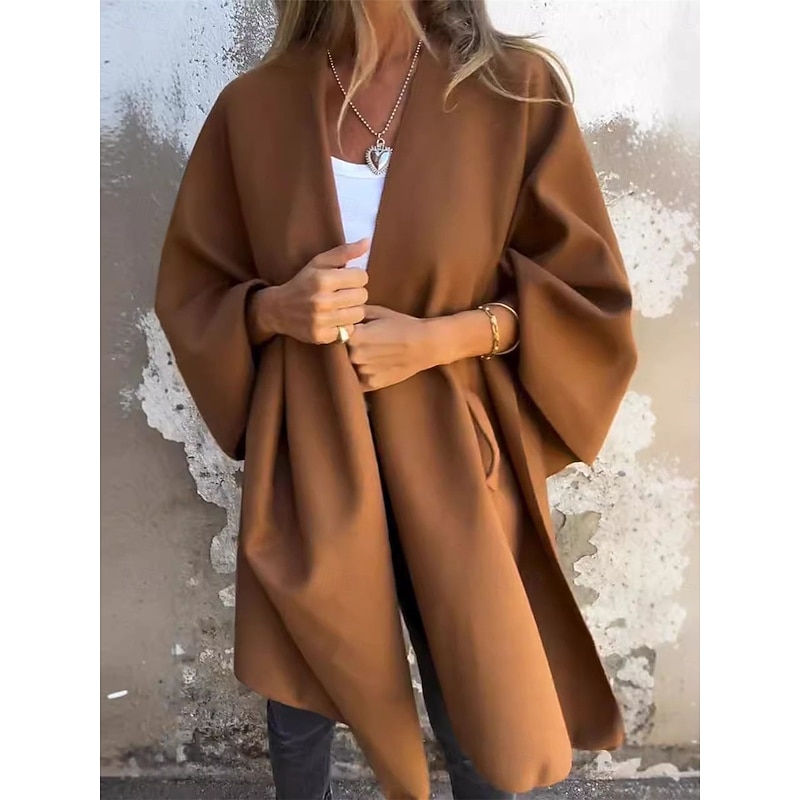 Women's Cloak / Capes Outdoor Street Daily Wear Fall Winter Regular Coat Regular Fit Thermal Warm Breathable Stylish Casual Jacket Long Sleeve Plain Oversize Fuchsia Brown Khaki2