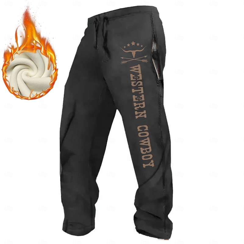 Men's Cowboy Joggers Fleece Sweatpants Drawstring Elastic Waist Vintage Casual Outdoor Home Street Pocket Straight Leg Trousers Thermal Winter 3D Print Black White Brown4