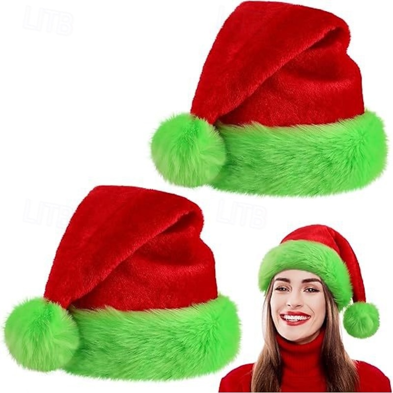 2 PCS Santa Hat Green Monster Furry Christmas Hat Santa Claus Men's Women's Christmas New Year Christmas Eve Christmas Hat